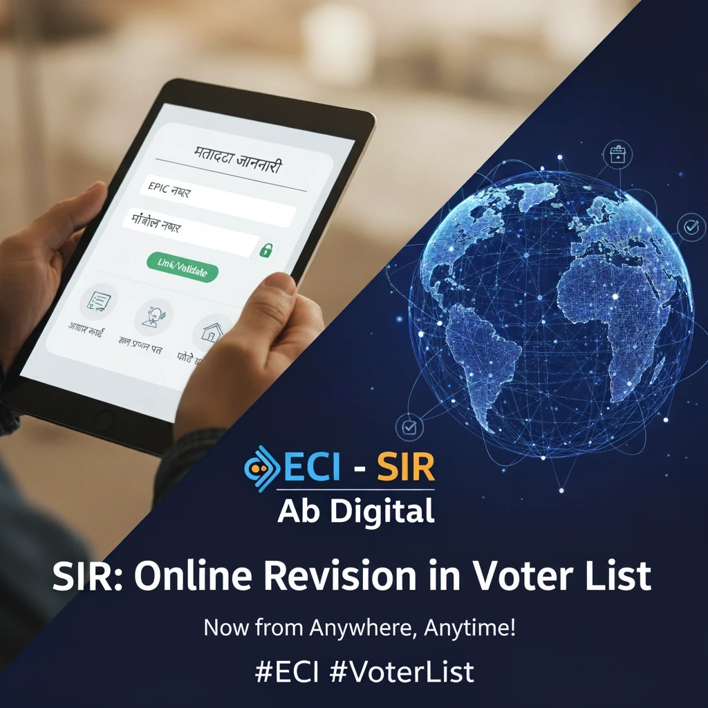 ECI-SIR-Online-Voter-List-Revision-Digital-Form Hand holding a tablet displaying the ECI voter registration form (EPIC and Mobile Number fields) next to a digital globe graphic, emphasizing the 'SIR: Online Revision of Voter List' initiative.