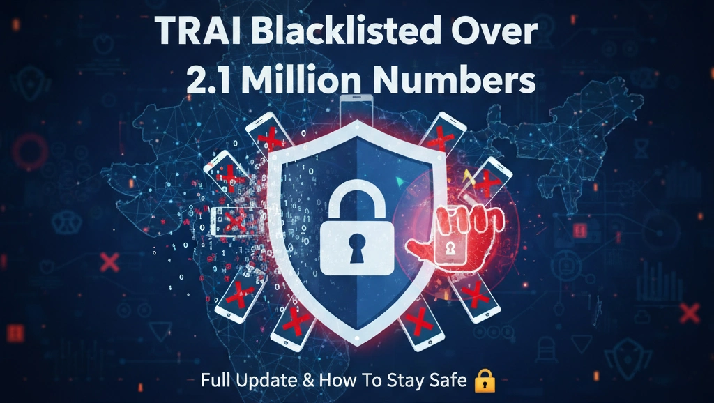 TRAI 21 Lakh Numbers Blacklisted - Spam & Fraud Protection TRAI द्वारा 21 लाख से अधिक मोबाइल नंबरों को ब्लैकलिस्ट करने की जानकारी, जिसमें एक हाथ में स्मार्टफोन है जो TRAI DND ऐप का उपयोग करके स्पैम रिपोर्ट कर रहा है और चारों ओर लाल क्रॉस मार्क वाले नंबरों को दिखाता है। यह भारत में स्पैम और धोखाधड़ी से सुरक्षा के महत्व पर प्रकाश डालता है।