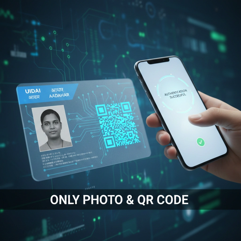 New Aadhaar Card: Simplified with QR and Photo A conceptual image showing a transparent Aadhaar card with only a photo and a QR code, being scanned by a smartphone displaying "Authentication Successful". The background is a digital circuit board design, symbolizing technological advancement and secure verification. The text "ONLY PHOTO & QR CODE" is prominently displayed at the bottom.