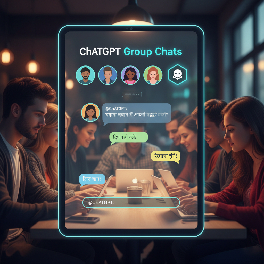 ChatGPT Group Chats Feature Launch / ChatGPT-समूह-चैट्स-फ़ीचर ChatGPT ग्रुप चैट्स फीचर: दोस्तों और सहकर्मियों के साथ मिलकर AI का उपयोग करके योजना बनाते लोग, जिसमें एक टैबलेट स्क्रीन पर ग्रुप चैट दिख रही है।