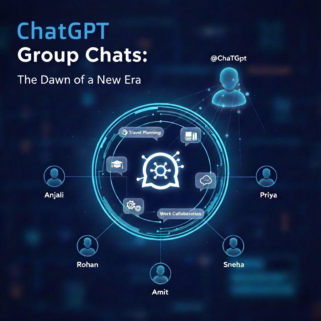 ChatGPT में ग्रुप चैट: सहयोग का नया युग डिजिटल चित्रण जो ChatGPT ग्रुप चैट फीचर के भीतर छह उपयोगकर्ता आइकन और एक AI आइकन (@ChatGPT) को एक गोलाकार प्रवाह चार्ट से जोड़कर दिखाता है, जो सहयोग, यात्रा योजना और कार्य परियोजनाओं का प्रतीक है।
