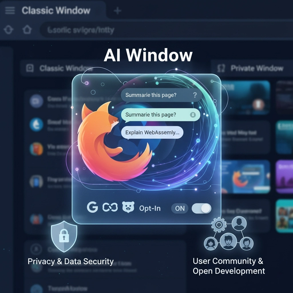Firefox AI Window: Open AI Mode and User Control Mozilla Firefox AI Window इंटरफ़ेस - क्लासिक और प्राइवेट विंडो के बीच एक पारदर्शी चैट पैनल, जिसमें यूज़र नियंत्रण (Opt-In ON/OFF), गोपनीयता सुरक्षा (Privacy & Data Security), और AI मॉडल (ChatGPT, Gemini) के विकल्प दिखाए गए हैं।