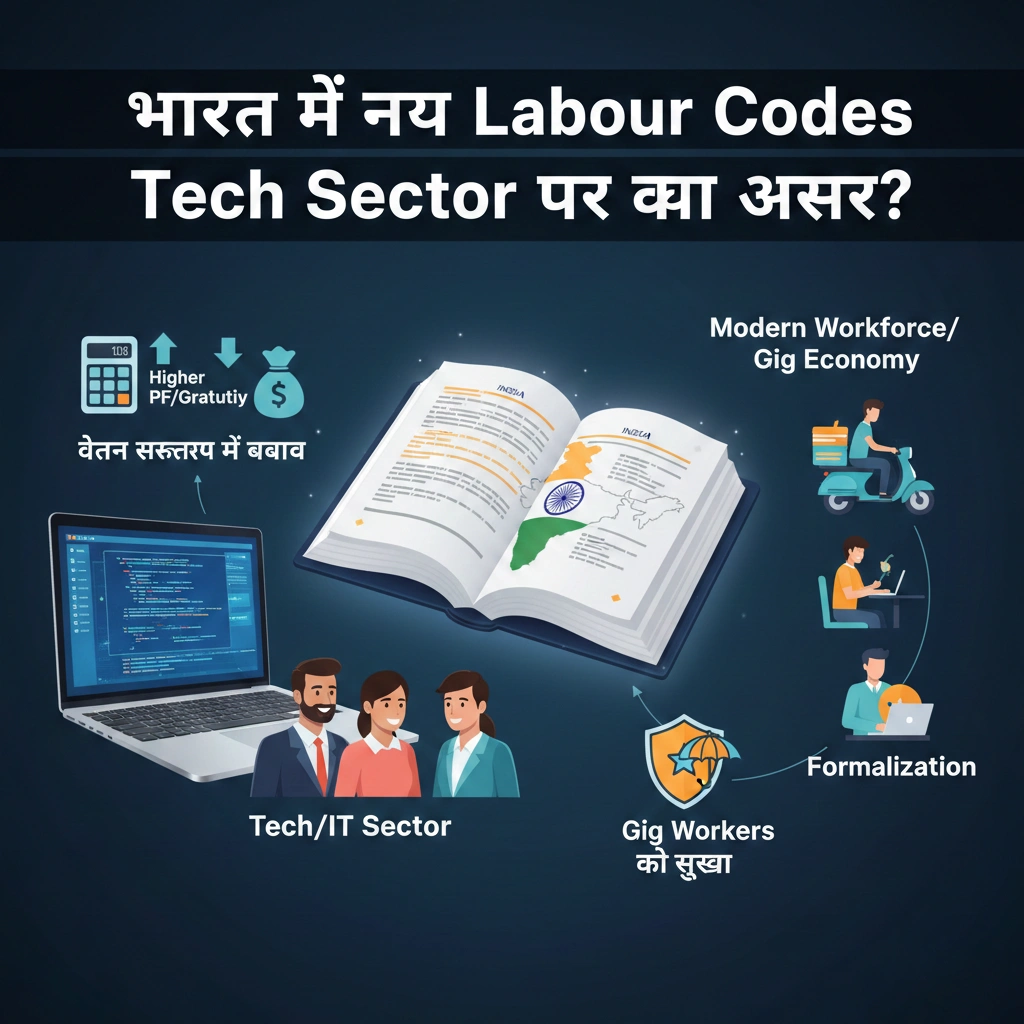 Impact of New Indian Labour Codes on Tech Sector Illustration showing new Labour Codes in India impacting the Tech Sector, with visuals of a law book, laptop with code, a calculator for wages, diverse gig workers, and a shield for social security. Includes Hindi text: भारत में नए Labour Codes Tech Sector पर क्या असर?