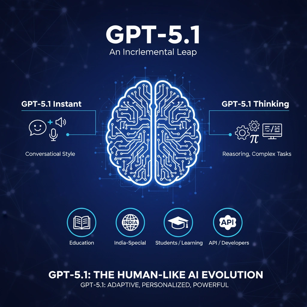 GPT-5.1: The Human-Like AI Evolution and Incremental Upgrade A glowing, circuit-board brain surrounded by icons representing GPT-5.1 features: conversational style, complex reasoning, coding, education, and India-specific applications.