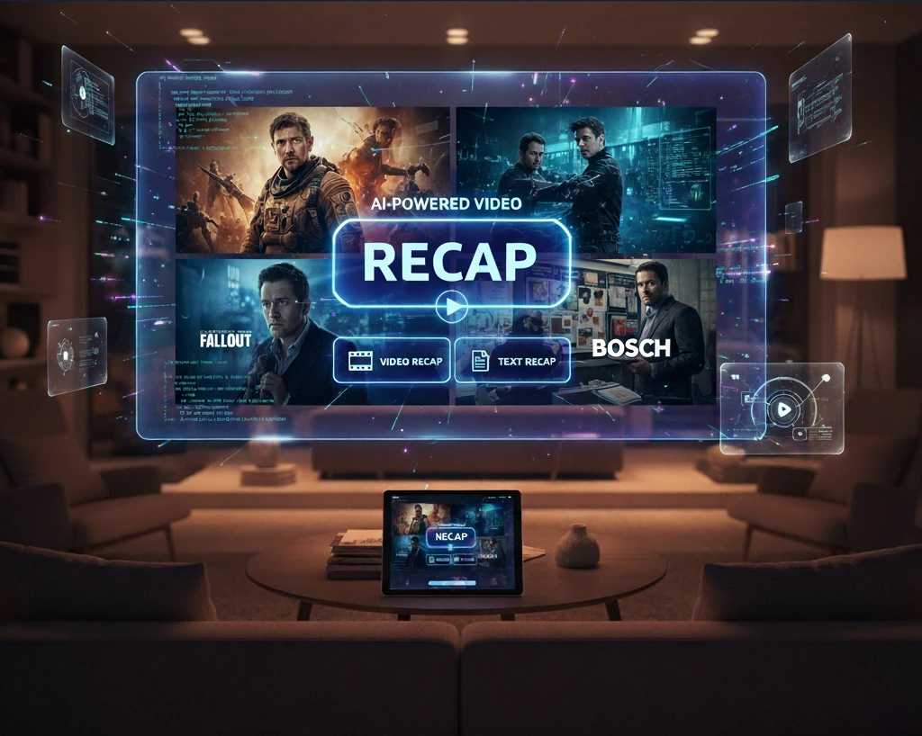 A user interface on a large screen displaying "AI-Powered Video RECAP" with options for "Video Recap" and "Text Recap". Below, a tablet shows the Prime Video interface. The background is a cozy living room, symbolizing effortless viewing. Surrounding the screen are futuristic UI elements with code snippets and character images from shows like Fallout and Bosch, representing the AI analysis of TV series.