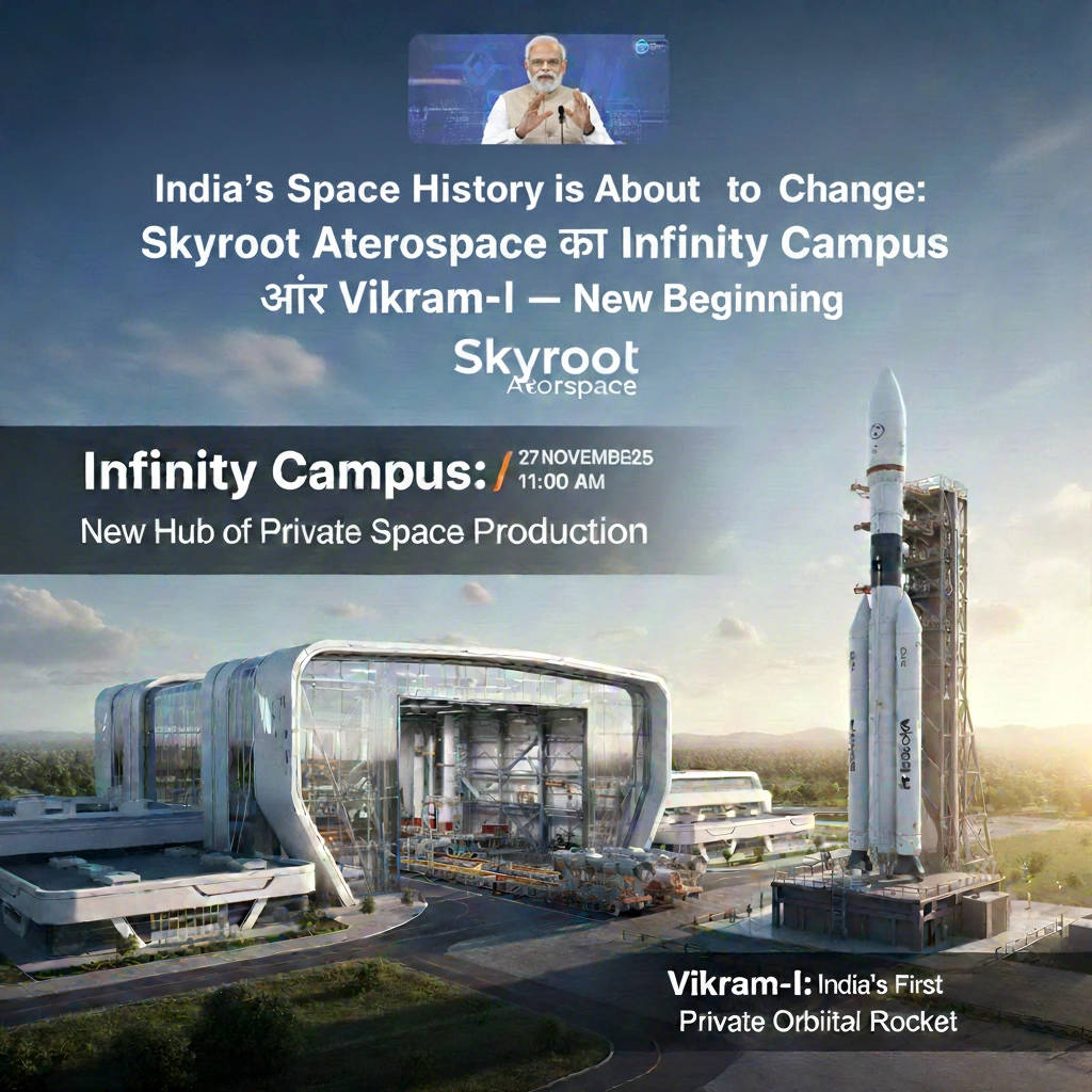 ndia's New Space Era: Skyroot Aerospace Infinity Campus & Vikram-I Launch Narendra Modi inaugurating Skyroot Aerospace's Infinity Campus with Vikram-I rocket. A visual of India's private space industry launch, featuring a futuristic building and a tall rocket on a pad.