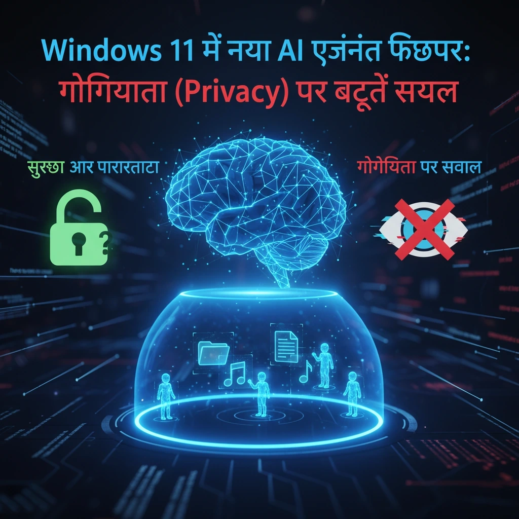 Windows 11 AI Agent Privacy Concerns Abstract image showing a glowing brain (AI) protecting user data files and figures within a shield, with a lock representing security and a crossed-out eye representing privacy concerns, all under the title "Windows 11 में नया AI एजेंट फीचर: गोपनीयता (Privacy) पर बढ़ते सवाल".