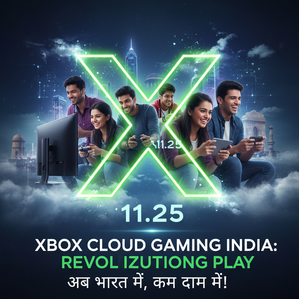 Indian gamers playing Xbox Cloud Gaming on mobile, PC, and TV, emphasizing accessibility and the India launch date (11.25) against an urban backdrop.