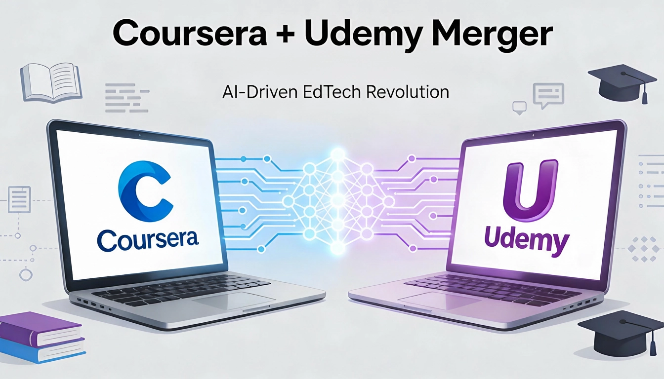 Coursera Udemy Merger AI EdTech Revolution 2025 Coursera and Udemy logos on laptops connected by AI neural networks, representing the 2025 merger and AI-driven EdTech revolution.