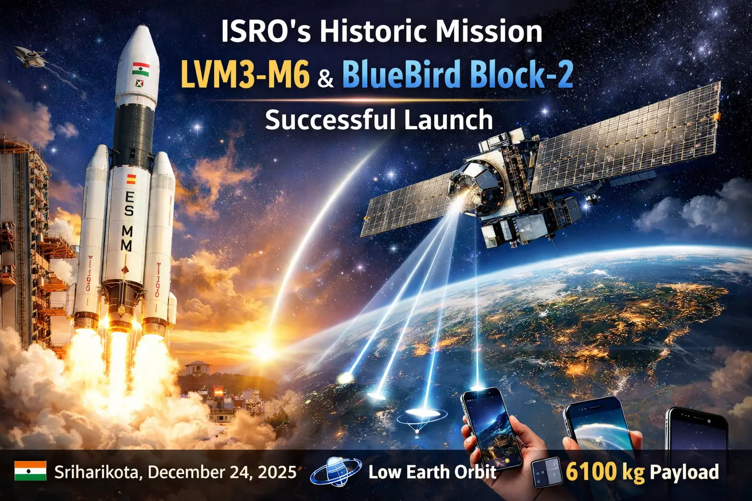 ISRO LVM3-M6 Mission - BlueBird Block-2 Satellite Launch ISRO LVM3-M6 rocket lifting off from Sriharikota with BlueBird Block-2 satellite to provide direct-to-smartphone 5G connectivity.