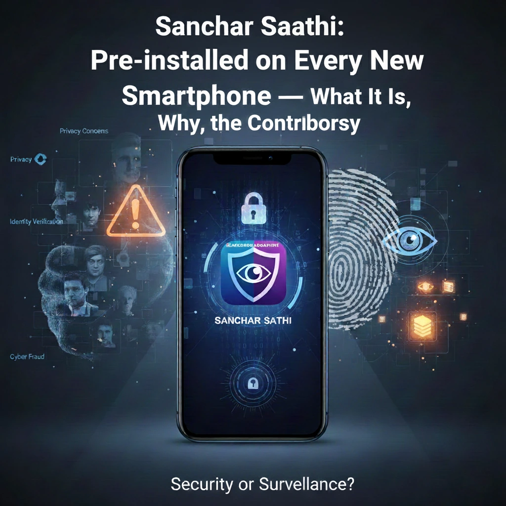 Sanchar Saathi: Security, Privacy, and Smartphones A smartphone displaying the Sanchar Saathi app icon, surrounded by digital elements representing cyber security threats (exclamation mark), user identity (fingerprint, faces), privacy concerns (padlock, eye icon), and data flow, set against a dark, tech-themed background.
