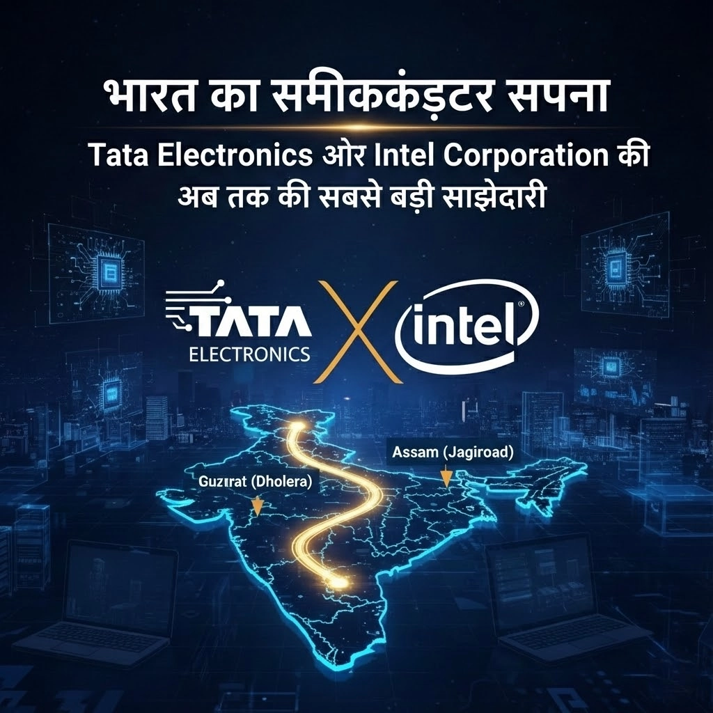 Tata Intel Semiconductor Partnership India Chip Manufacturing Tata Electronics और Intel की semiconductor partnership, India में chip manufacturing और advanced packaging projects का प्रतिनिधित्व करने वाली image