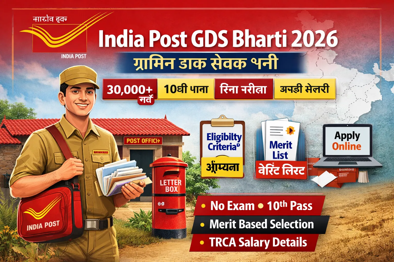 India Post GDS Bharti 2026 - Gramin Dak Sevak Recruitment India Post GDS Bharti 2026 featured image showing Gramin Dak Sevak recruitment, 10th pass government job, merit-based selection, salary details, and online apply process