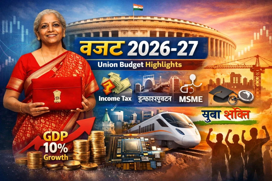 Union Budget 2026-27 featured image showing Finance Minister Nirmala Sitharaman with Budget briefcase, Income Tax, Infrastructure, MSME and Youth focus in Hindi