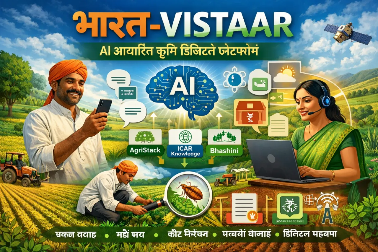 भारत-VISTAAR AI आधारित कृषि प्लेटफ़ॉर्म का डिजिटल दृश्य जिसमें किसान स्मार्टफोन से खेती की सलाह ले रहे हैं, महिला विशेषज्ञ लैपटॉप पर कृषि चैटबॉट से बात कर रही हैं, और AgriStack, ICAR Knowledge और Bhashini AI टेक्नोलॉजी दिख रही हैं।