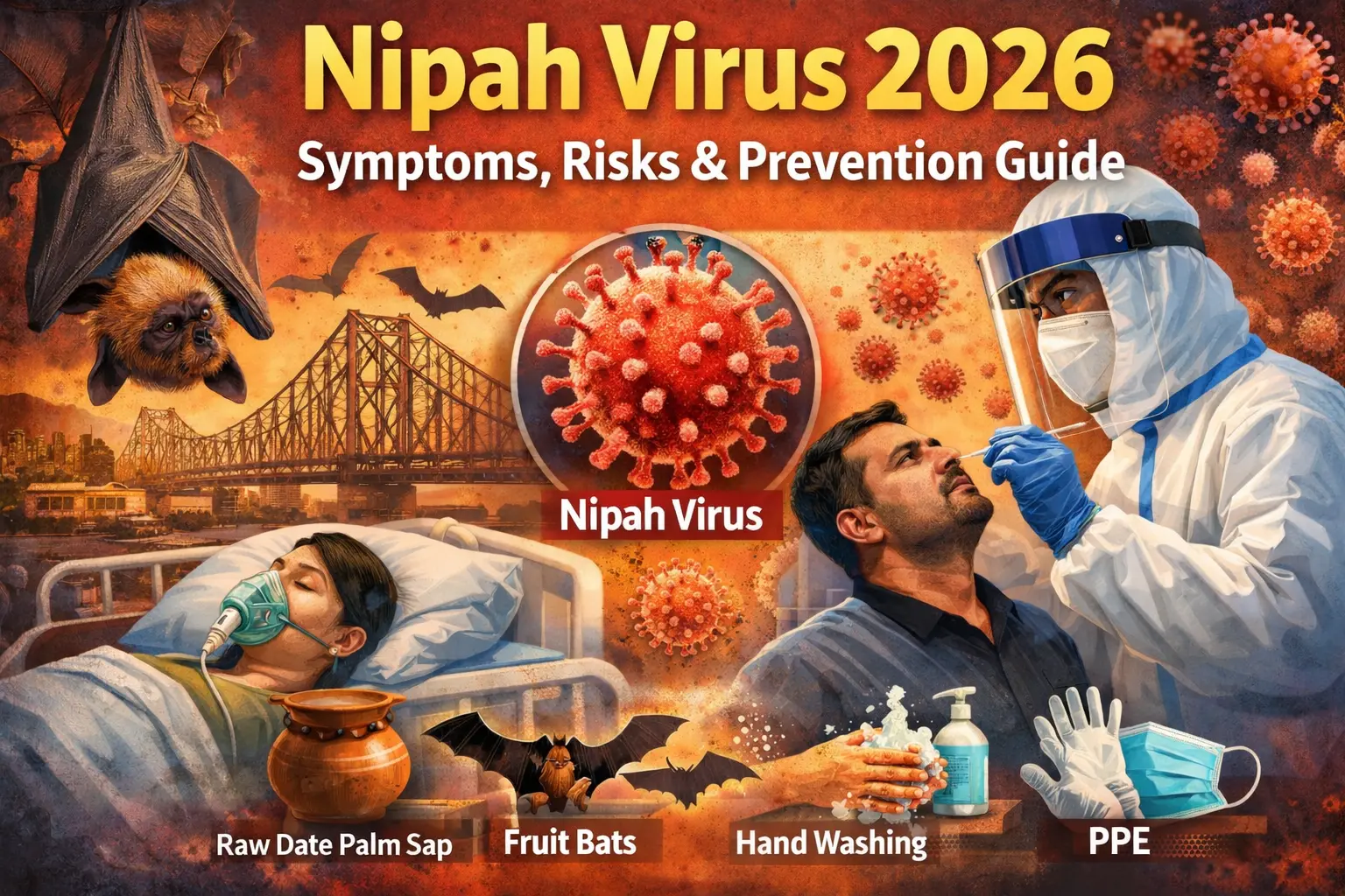Nipah Virus 2026 – Symptoms, Risks & Prevention in West Bengal Nipah Virus 2026 illustration showing symptoms, fruit bats transmission, hospital patient, PPE protection and prevention measures in West Bengal India