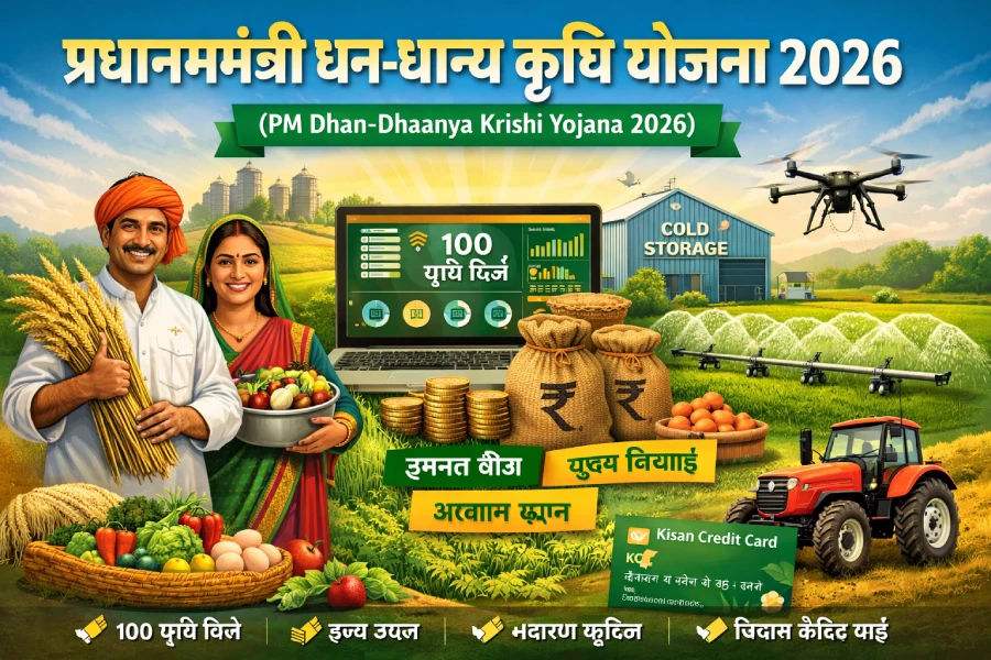 भारतीय किसान और महिला खेत में खड़े, पीएम धन-धान्य कृषि योजना 2026 के तहत उन्नत बीज, सिंचाई, कोल्ड स्टोरेज और Kisan Credit Card सुविधाओं का प्रतिनिधित्व करती डिजिटल इमेज