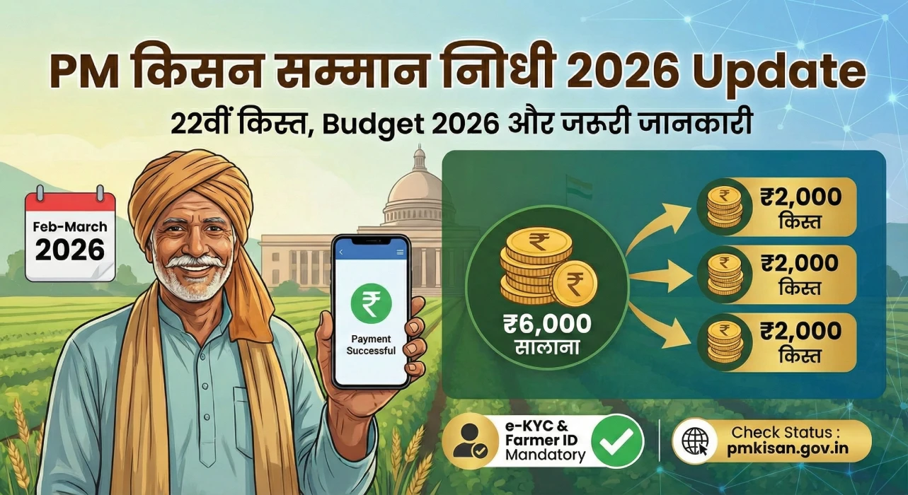 PM Kisan Samman Nidhi 22वीं किस्त 2026 Update – ₹2000 DBT, eKYC और Budget News PM Kisan Samman Nidhi 22वीं किस्त 2026 अपडेट, ₹2000 Direct Benefit Transfer, eKYC अनिवार्य, Farmer ID और Budget 2026 जानकारी
