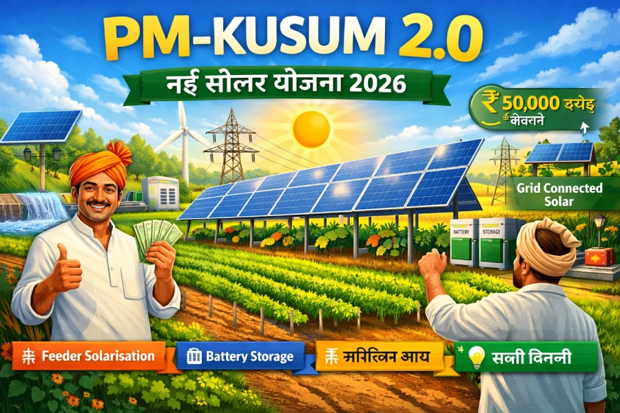 PM-KUSUM 2.0 योजना का दृश्य जिसमें किसान सोलर पंप और ग्रिड-कनेक्टेड सोलर पैनल के सामने खुश हैं, बैटरी स्टोरेज और फीडर सोलराइजेशन दिखाया गया है।