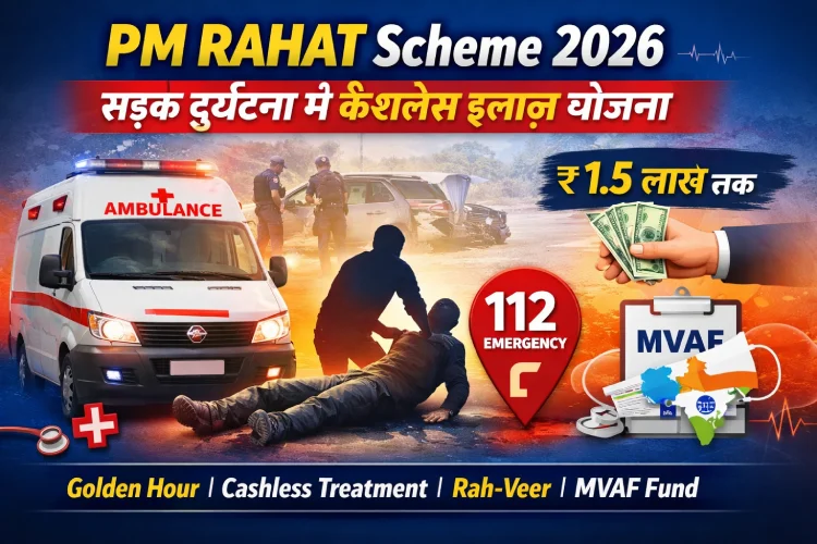 PM RAHAT Scheme 2026 – Road Accident Cashless Treatment ₹1.5 Lakh PM RAHAT Scheme 2026 में सड़क दुर्घटना पीड़ितों को ₹1.5 लाख तक कैशलेस इलाज, 112 इमरजेंसी हेल्पलाइन और MVAF फंड की सुविधा दर्शाता हुआ ग्राफिक