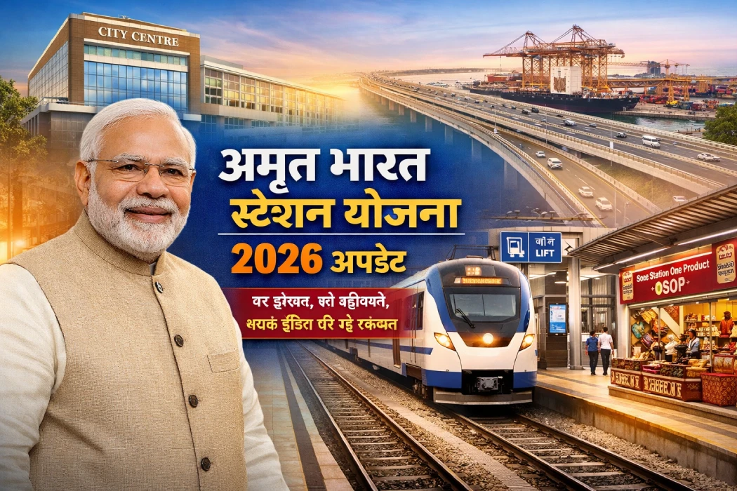 Amrit Bharat Station Scheme 2026 update showing modern Indian Railways station redevelopment with new facilities and infrastructure