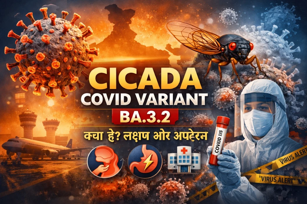 Cicada COVID Variant BA.3.2 – Symptoms, India Update in Hindi Cicada COVID variant BA.3.2 illustration showing virus mutations, symptoms icons and India update in Hindi