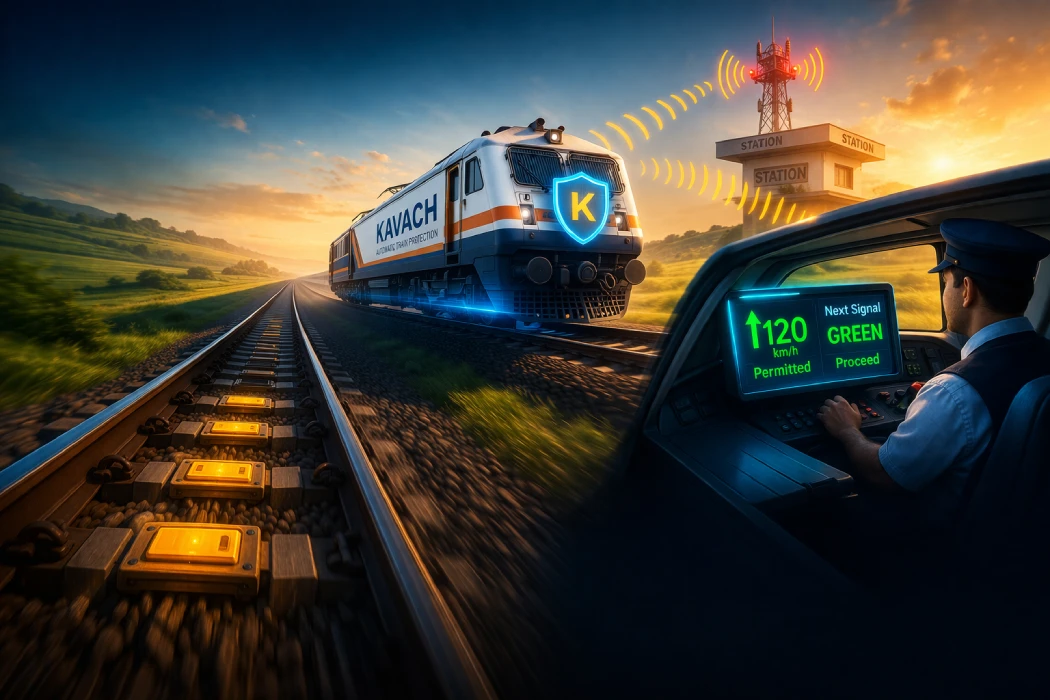 Kavach System in Indian Railways – Train Safety Technology Indian Railways Kavach System showing train safety technology with RFID tracks and onboard control system