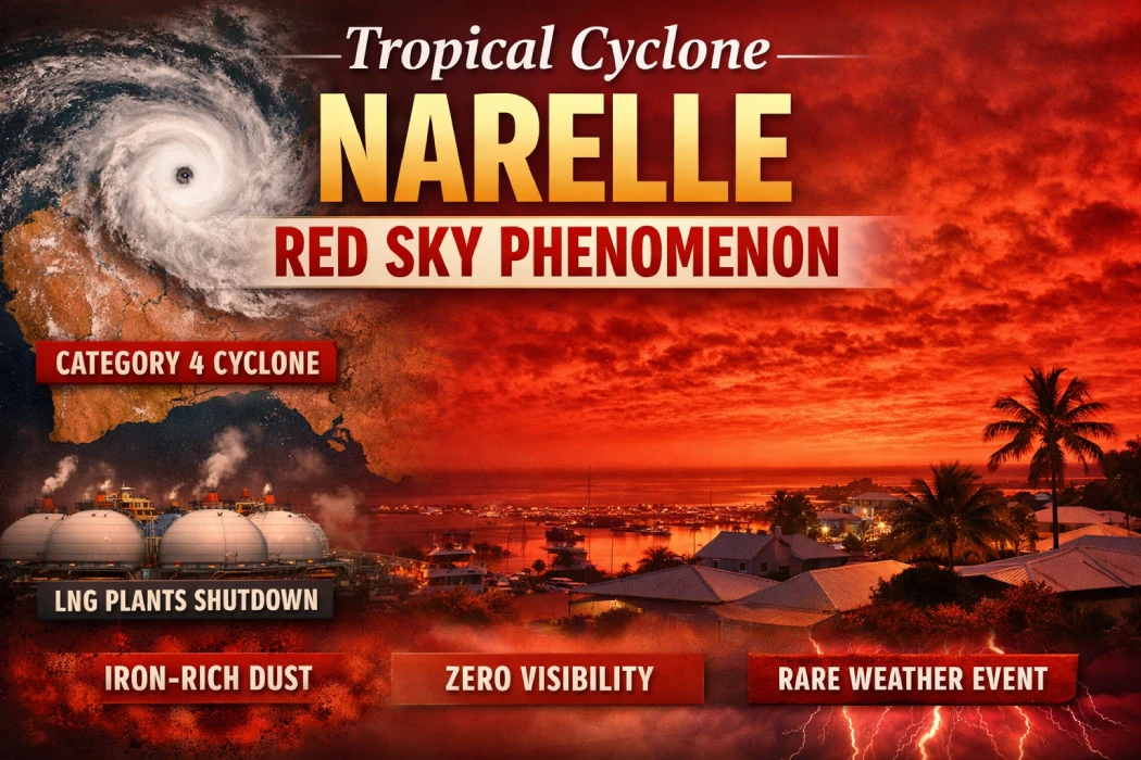 Tropical Cyclone Narelle Red Sky Australia 2026 Explained in Hindi Australia में Tropical Cyclone Narelle के दौरान दिखा लाल आसमान (Red Sky) और तूफान का प्रभाव दर्शाता दृश्य
