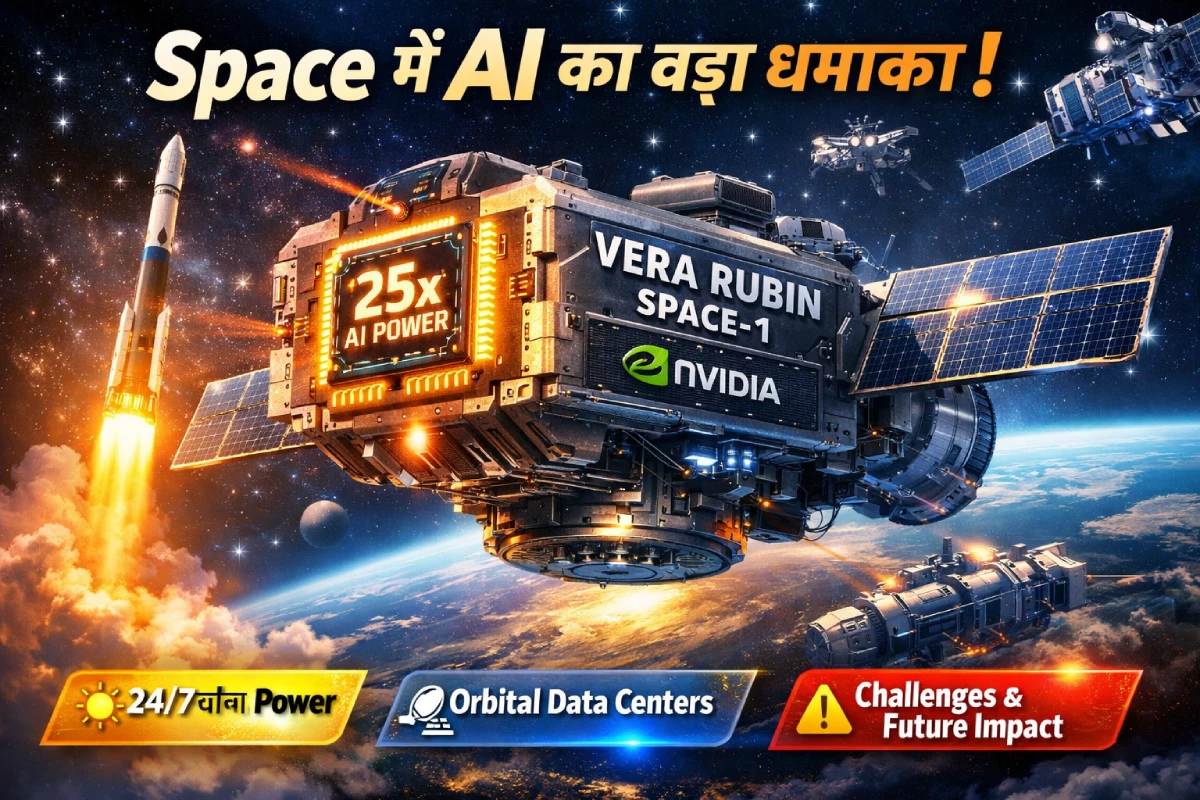 Nvidia का Vera Rubin Space-1 Module satellite के साथ space में AI processing दिखाता हुआ, जो orbital data centers और future AI technology को represent करता है