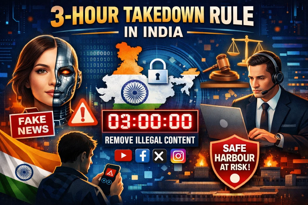 3-Hour Takedown Rule India showing AI deepfake, social media platforms and legal action to remove illegal content within 3 hours