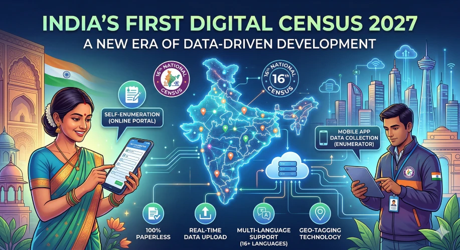 Digital Census 2027 India illustration showing self-enumeration process, mobile app, caste census and geo-tagging features in Hindi