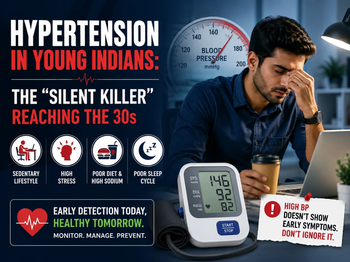 Stressed young Indian office worker checking high blood pressure on digital BP monitor highlighting hypertension risk in young adults
