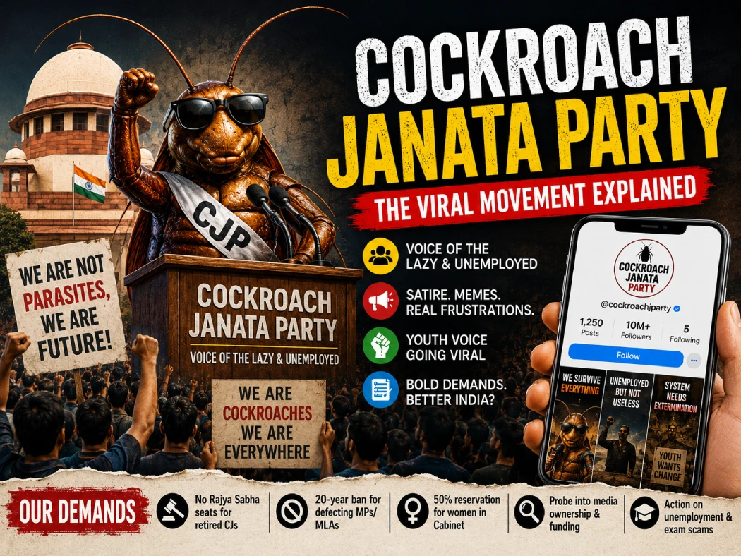 Cockroach Janata Party viral youth movement protest image with social media trend and political satire in India