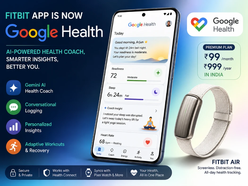 Interface of the new Google Health app on a smartphone showing the Gemini-powered AI health coach feed and Fitbit Air tracking data.