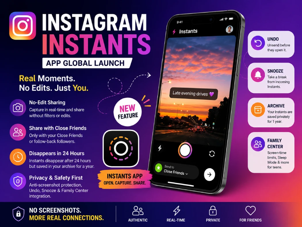 Smartphone screen displaying the new Instagram Instants app interface with an unfiltered photo and the anti-screenshot notification active.