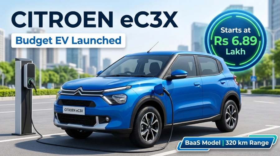 Citroën eC3X Budget EV Launched in India – Price, BaaS Model & Range Citroën eC3X electric car in blue colour parked at an EV charging station, starting price Rs 6.89 lakh with BaaS model and 320 km range